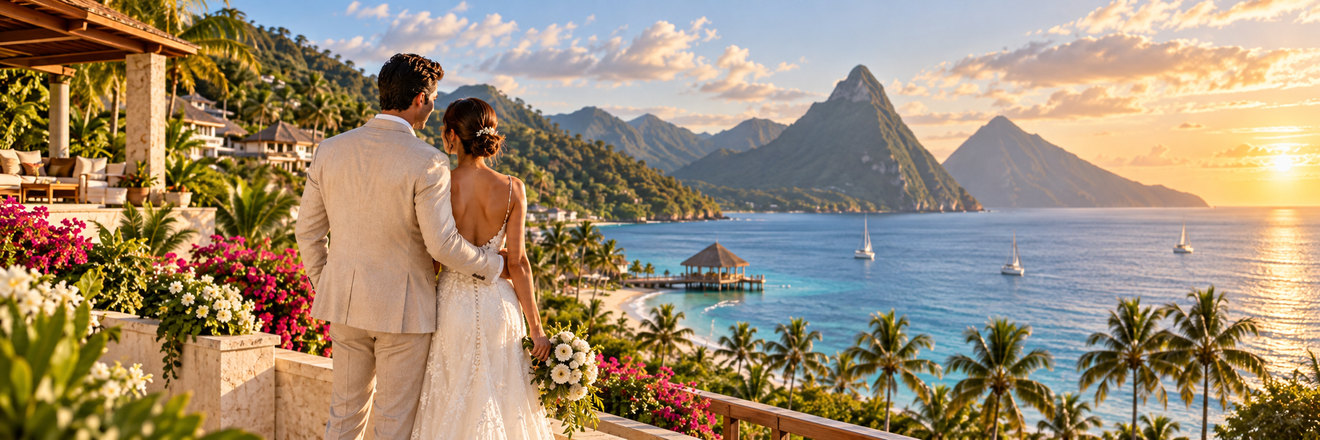 Couple overlooking Saint Lucia's Pitons at sunset