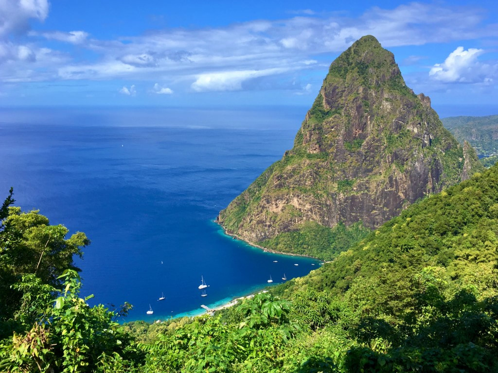 St. Lucia Piton mountain and Caribbean Sea view