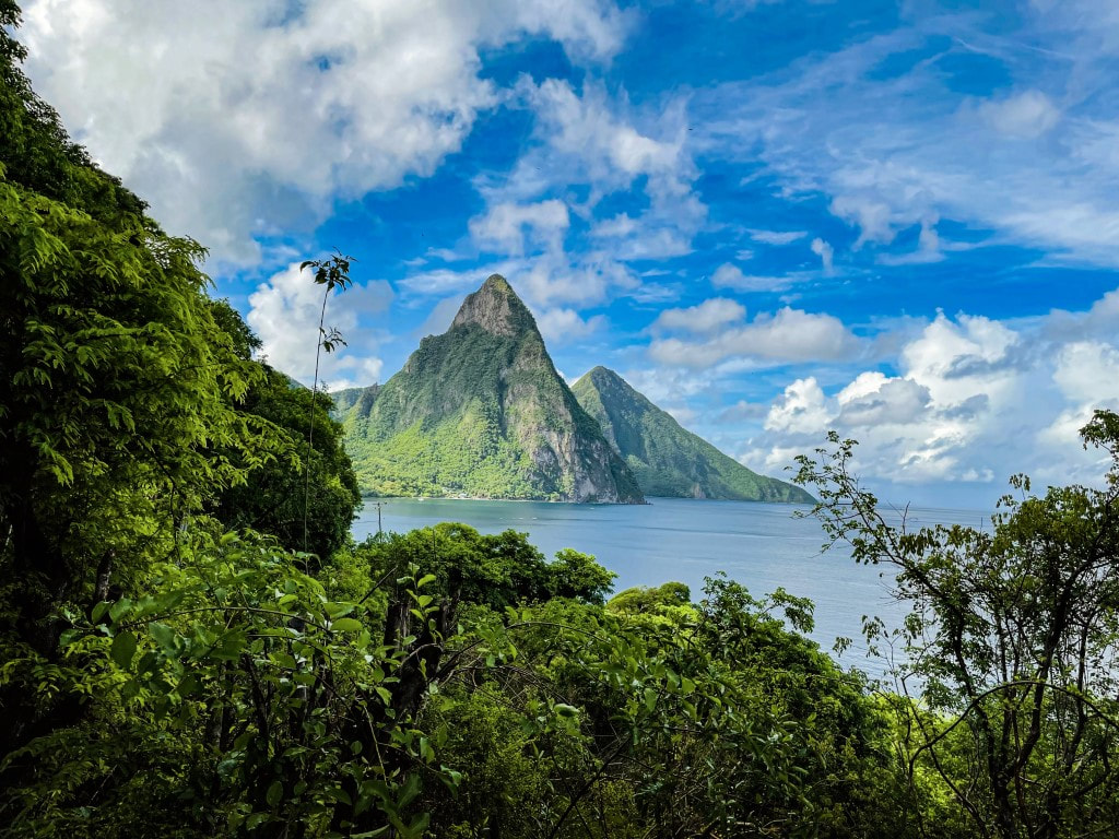 St. Lucia Pitons surrounded by lush tropical landscape