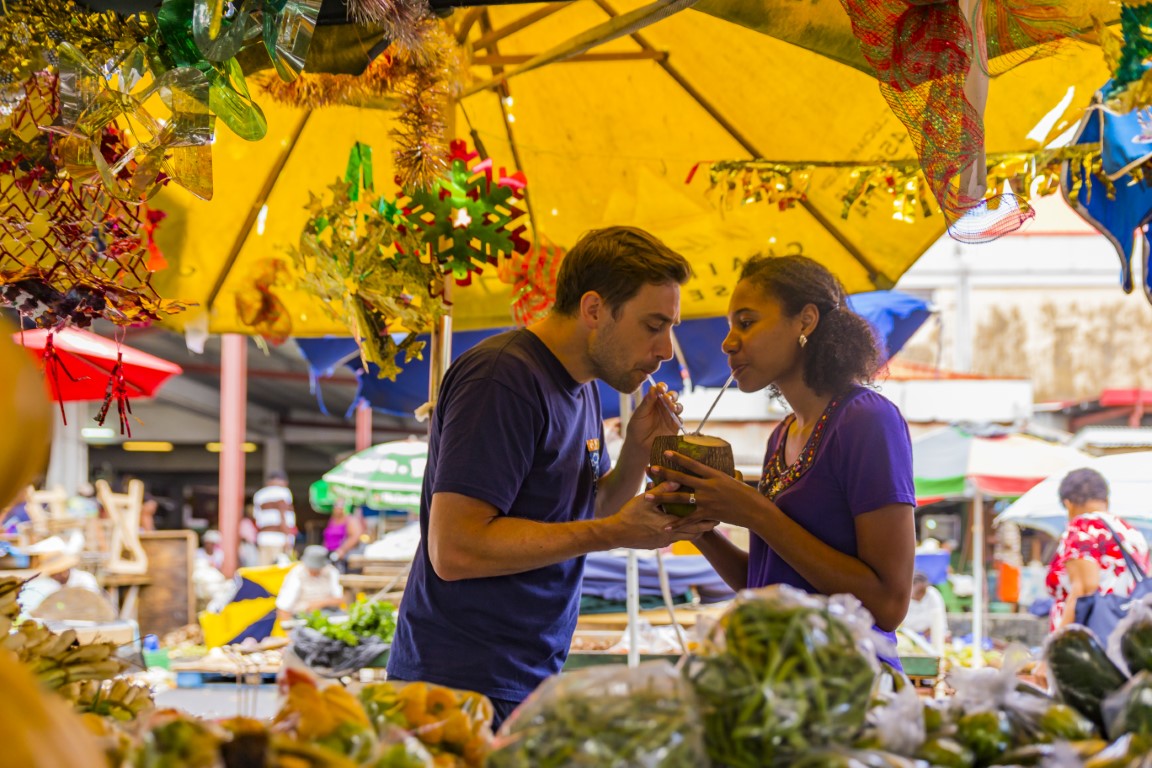 Couple enjoying a local St. Lucia market experience