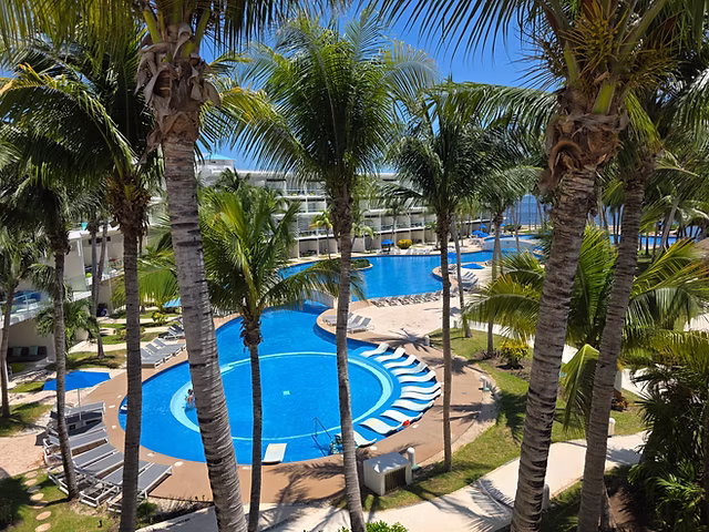 Resort pool surrounded by palm trees
