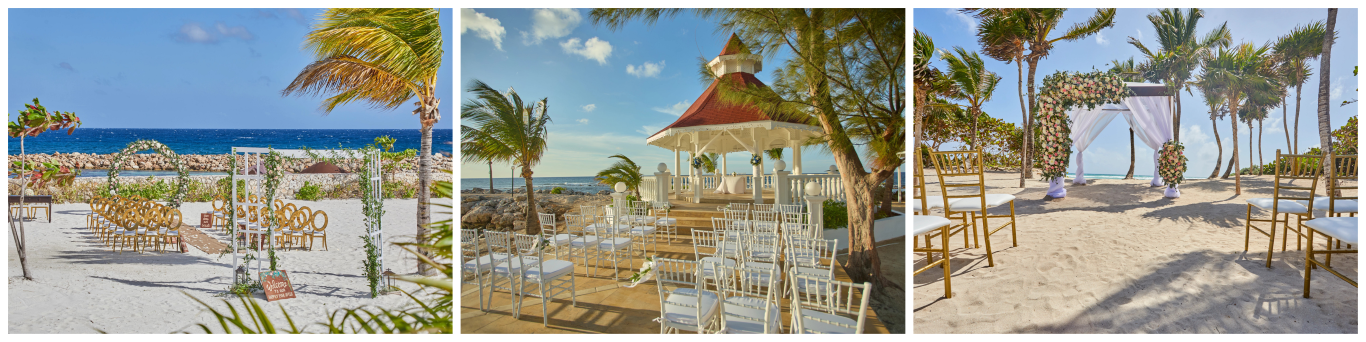 Beach wedding ceremony venue collage with gazebo and floral arch