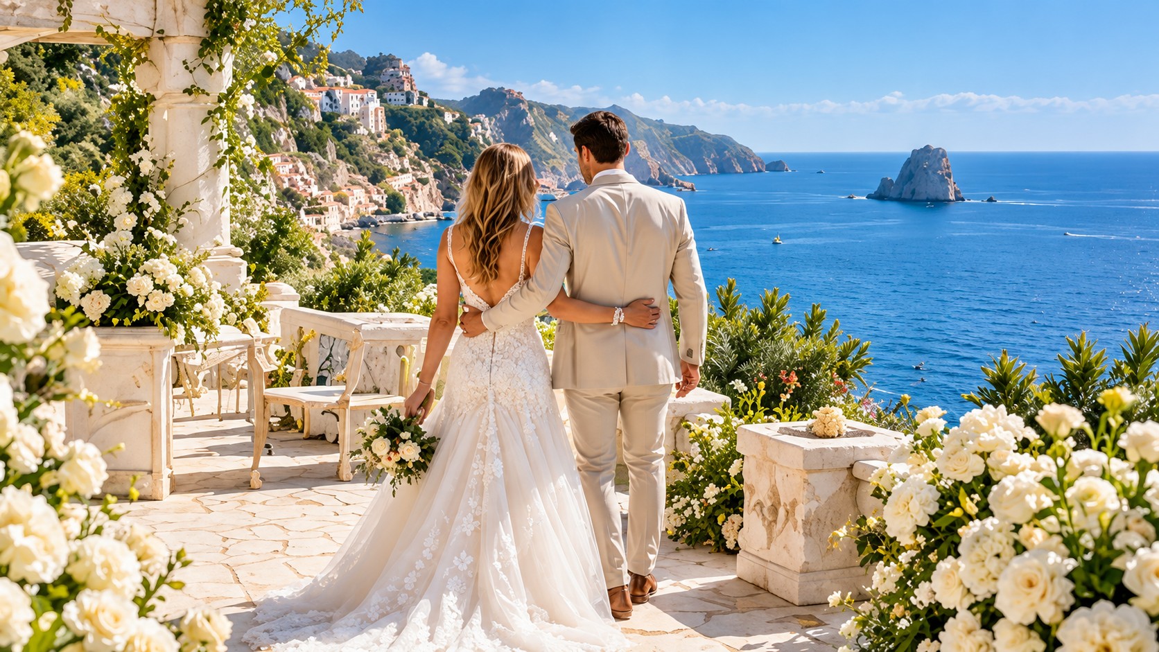 Couple overlooking the ocean at their destination wedding