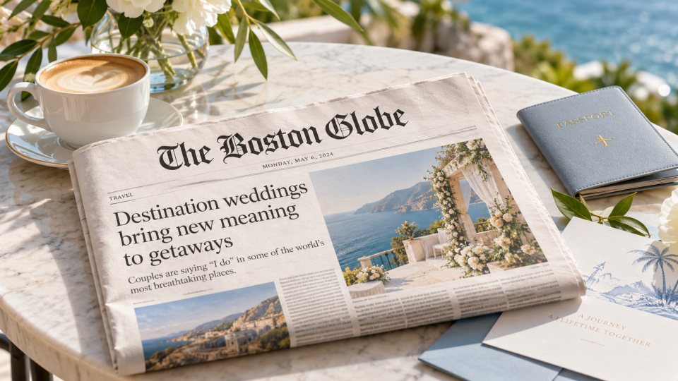 The Boston Globe newspaper with a destination wedding feature