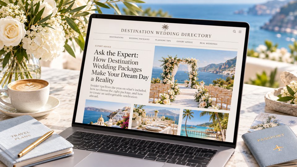Destination Wedding Directory article displayed on a laptop