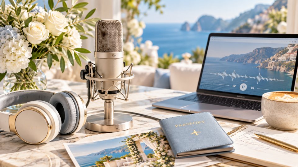 Podcast microphone and laptop overlooking the ocean