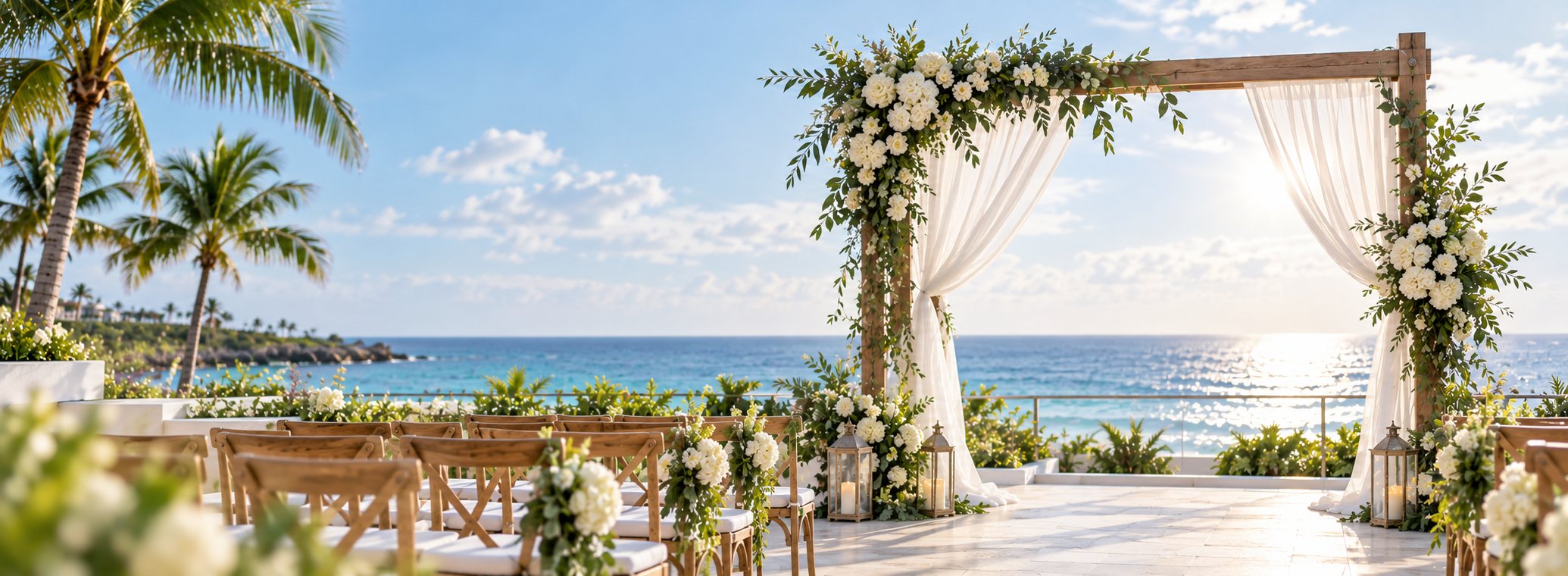 Oceanfront destination wedding ceremony with a floral arch and guest seating