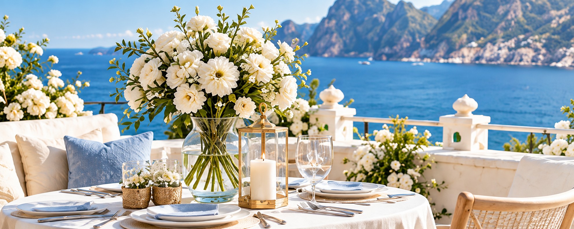 Wedding reception table with white flowers overlooking the ocean