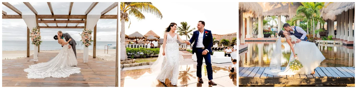 Destination wedding ceremony and newlywed resort photo collage