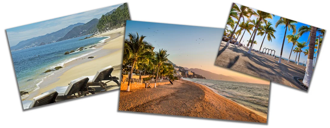 Puerto Vallarta beaches and palm-lined Pacific coastline collage